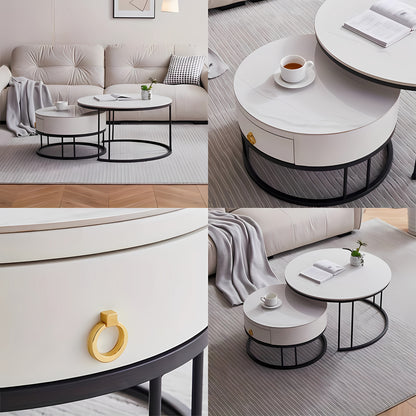 Salontafel – Koffietafel – Bijzettafel – Woonkamertafel – Balkontafel – Gouden Metalen Frame – Hoogglans Wit Marmeren Tafelblad Met Opbergruimte