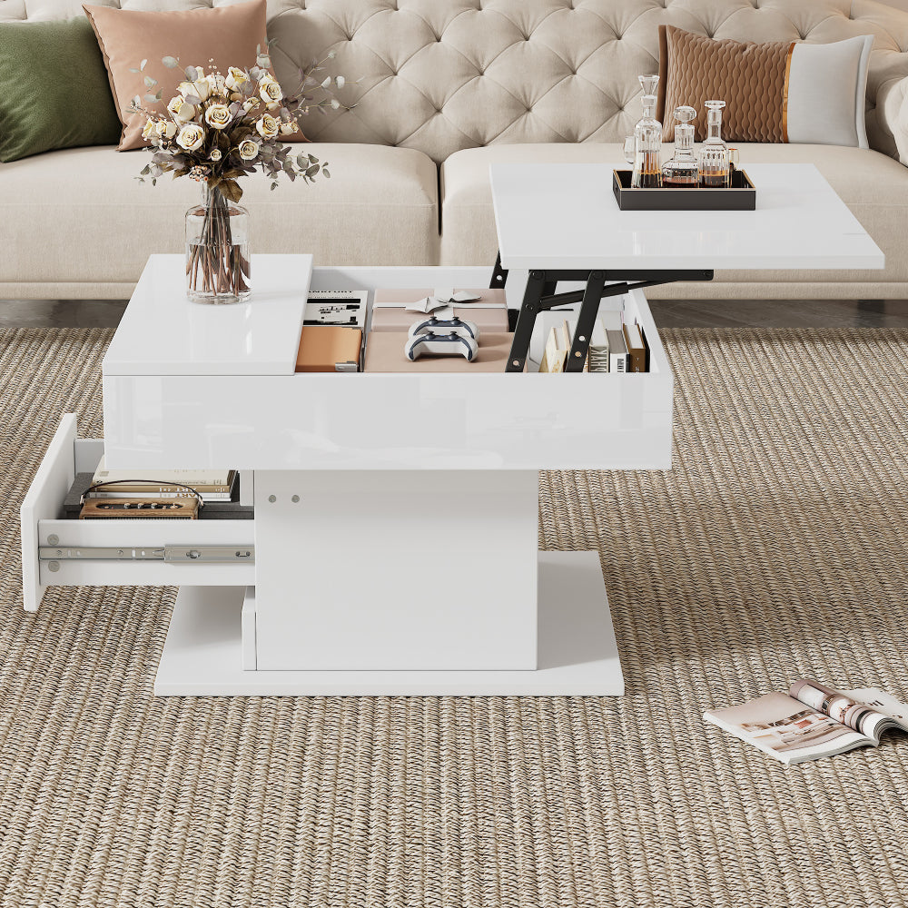 70*70*45cm Geometric Coffee Table | 360° Rotating Top, Height-Adjustable with 1 Drawer, High-Gloss, Concealed Storage, Modern Style, White, Metal Material