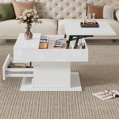 70*70*45cm Geometric Coffee Table | 360° Rotating Top, Height-Adjustable with 1 Drawer, High-Gloss, Concealed Storage, Modern Style, White, Metal Material