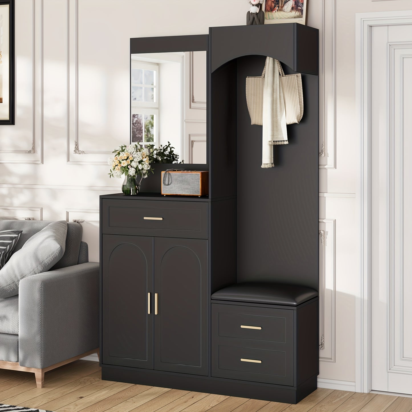 Modern Compact Wardrobe & Shoe Cabinet with Mirror - Freestanding Storage Cabinet with Adjustable Shelves, Doors & Drawers, Space-Saving Multifunctional Furniture for Small Spaces, Classic Contemporary Design, No Electrical R