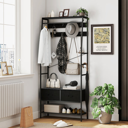 Kledingrek – Garderoberek – Kapstok – Kledingstandaard – Dressboy – Industrieel Design – Metaal – 2 Stoffen Lades – 8 Haken – Schoenenrek – Zwart – 80x30x180 cm – Stevig & Ruimtebesparend