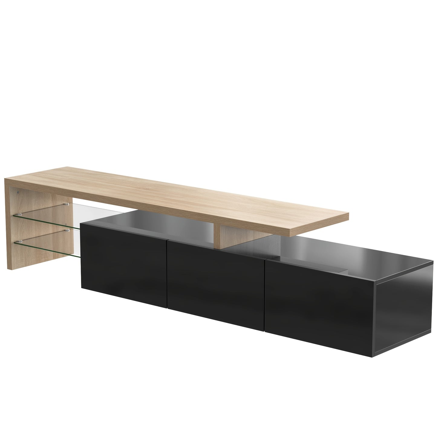 Modern TV Stand with Glass Shelves & Wood-Look Finish - High-Gloss Black Metal Frame, Practical Storage Space, Minimalist Design for Living Room Entertainment, Entertainment Unit, Decorative Accents, Sleek Construction