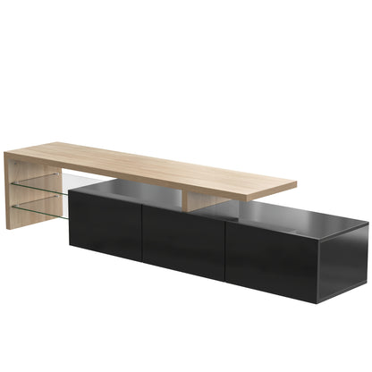 Modern TV Stand with Glass Shelves & Wood-Look Finish - High-Gloss Black Metal Frame, Practical Storage Space, Minimalist Design for Living Room Entertainment, Entertainment Unit, Decorative Accents, Sleek Construction
