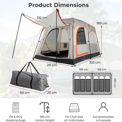 Tent – Kampeertent – Tunneltent – Familietent – Outdoors Tent – Ruim 4-6 Personen – Waterdicht Polyester Met Binnentent & Draagtas