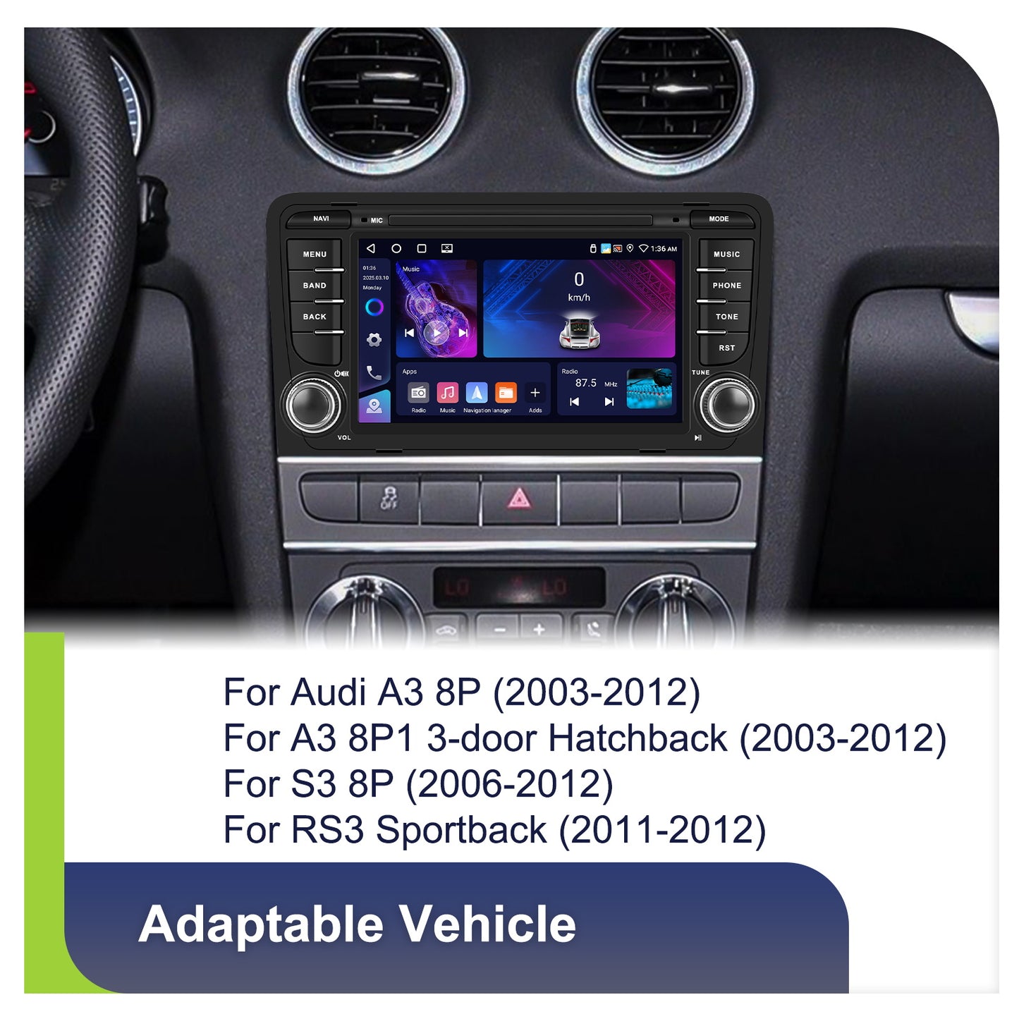 Autoradio – Multimedia Systeem – 7 Inch Scherm – Android 15 – Audi A3 8P S3 RS3 – Draadloze CarPlay – Android Auto – AHD Achteruitrijcamera – 4GB RAM 64GB Opslag