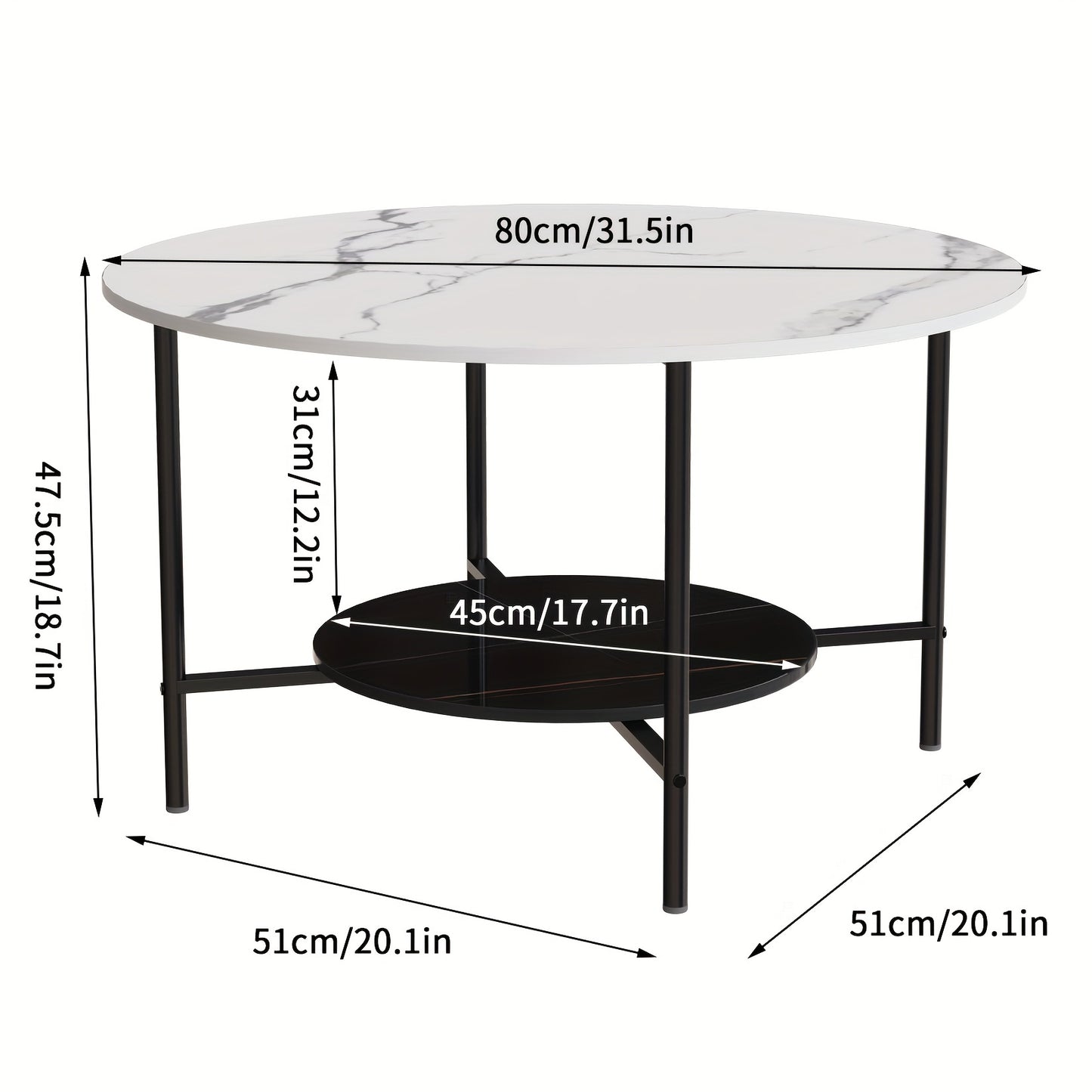 Salontafel – Bijzettafel – Woonkamertafel – Koffietafel – Accenttafel – Rond Design – Sintersteen Tafelblad – Zwart Metalen Frame – 2-Niveaus Opbergplank