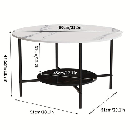 Salontafel – Bijzettafel – Woonkamertafel – Koffietafel – Accenttafel – Rond Design – Sintersteen Tafelblad – Zwart Metalen Frame – 2-Niveaus Opbergplank
