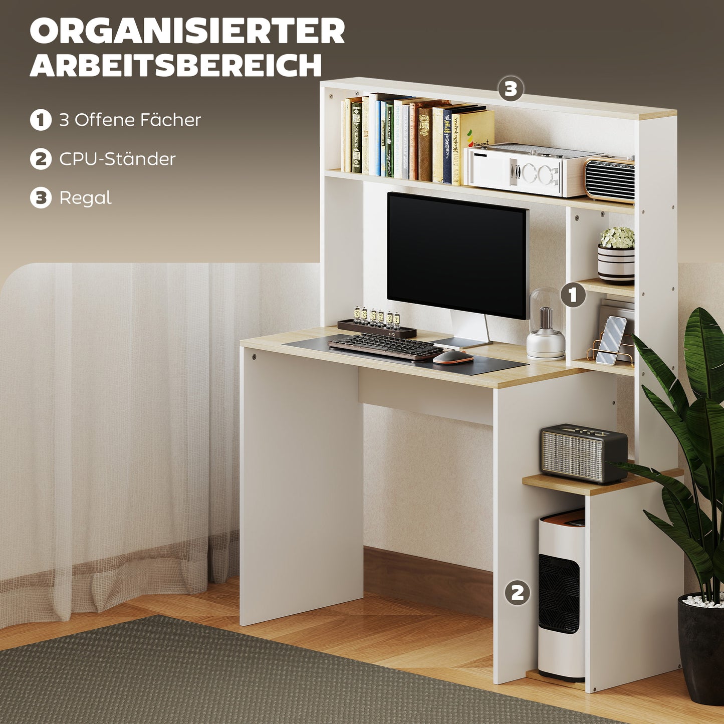 Bureau – Computerbureau – Schrijftafel – Werkplekmeubel – Thuiswerkbureau – Lichtbruin Eiken Wit – Met Open Opbergruimte – Inclusief Stevige CPU-standaard