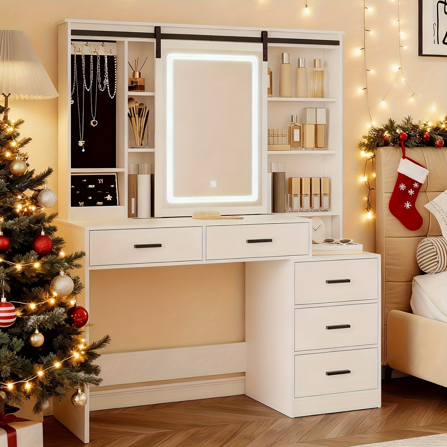 Kaptafel – Make-uptafel – Schminktisch – Beautymeubel – Vanity Table – Wit – Verstelbare LED-verlichting – Groot verstelbaar spiegelpaneel