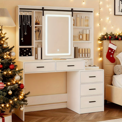 Kaptafel – Make-uptafel – Schminktisch – Beautymeubel – Vanity Table – Wit – Verstelbare LED-verlichting – Groot verstelbaar spiegelpaneel
