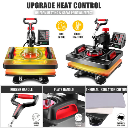 5-in-1 Hittepers – Sublimatiepers – T-shirt Pers – Mok Pers – Pettenpers – Zwart – Swing-Away Ontwerp – Digitale Temperatuurregeling
