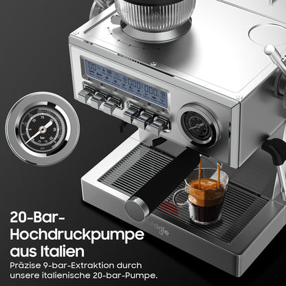 Espressomachine – Koffiezetapparaat – Baristamachine – Halfautomatische Koffiemachine – Espressoapparaat Classic – 20-Bar Italiaanse Pomp – Ingebouwde Koffiemolen met 25 Maalstanden
