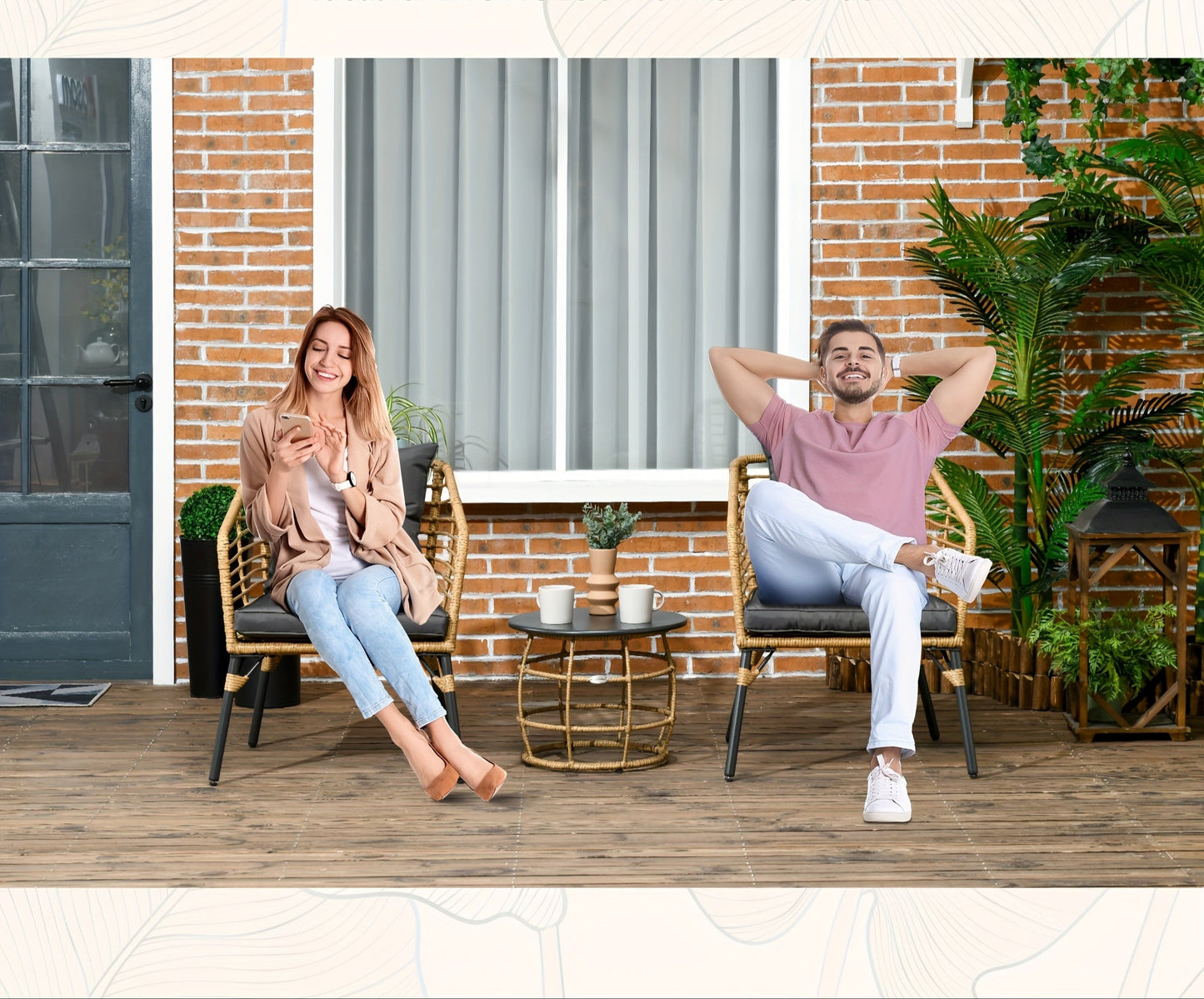 Tuinmeubelen – Loungeset – Balkonset – Rieten Meubelset – Tuinset – Weerbestendig Riet – Comfortabele Kussens – Compact Voor Kleine Buitenruimtes