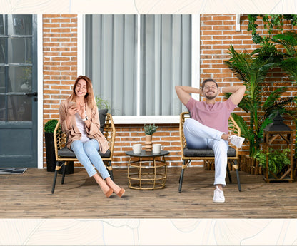 Tuinmeubelen – Loungeset – Balkonset – Rieten Meubelset – Tuinset – Weerbestendig Riet – Comfortabele Kussens – Compact Voor Kleine Buitenruimtes