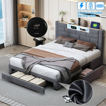 Tweepersoonsbed 140x200 cm – Bed Met Opberglades – Ladebed – Opbergbed – Velvet Bed – Grijs Bekleed – 3 Ruime Lades – Stevig Met Houten Lattenbodem