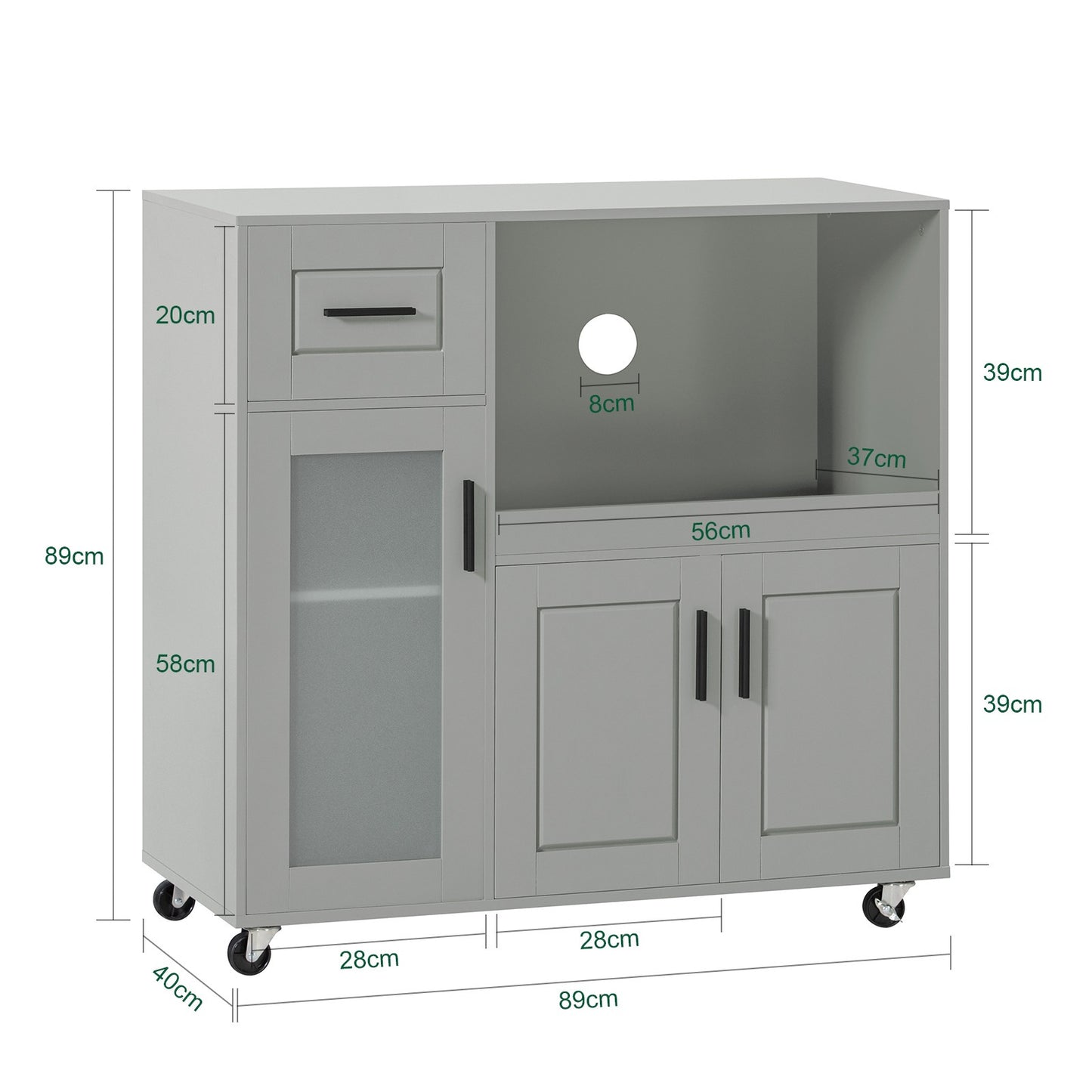 Keukenkastje op Wielen – Keukentrolley – Opbergkast – Servieskast – Rollende Kast – Verstelbare Plank – Grijs MDF & Glas – Draagkracht 60 kg