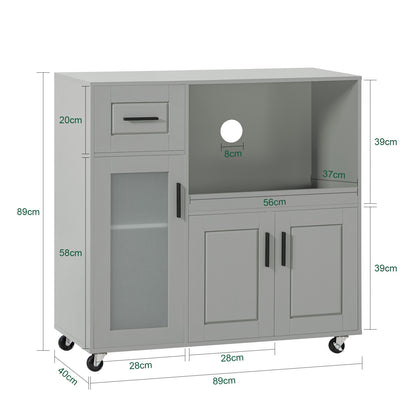 Keukenkastje op Wielen – Keukentrolley – Opbergkast – Servieskast – Rollende Kast – Verstelbare Plank – Grijs MDF & Glas – Draagkracht 60 kg
