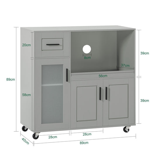 Keukenkastje op Wielen – Keukentrolley – Opbergkast – Servieskast – Rollende Kast – Verstelbare Plank – Grijs MDF & Glas – Draagkracht 60 kg