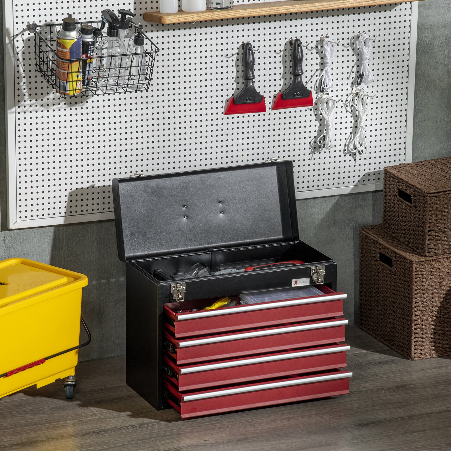 Metal Gereedschapskist – Toolbox – Opbergbox – Werkplaatskist – Toolbox Met Lade – Zwart Stalen Materiaal – 4 Laden + Bovenschaal – Compact 51x22x39,5 cm