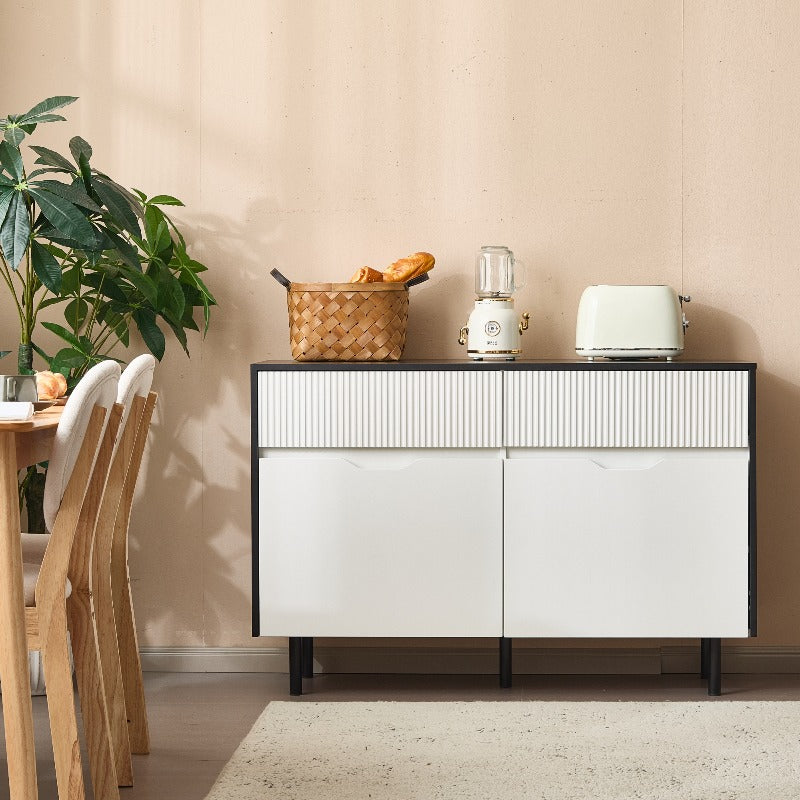 Metaal Opbergkast – Stalen Kast – Dressoir – Buffetkast – Keukenkast – 120 cm Breed – Zwart-Wit Met Riffeldeuren – Verstelbare Planken – Geen Montage Nodig
