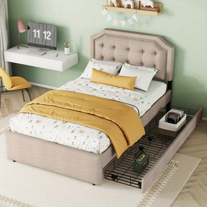 Bedtafel – Nachtkastje – Bedmeubel – Bedzijtafel – Opbergtafel – 90x200 cm – Donker Beige Met Dubbele Lades En Decoratieve Studs