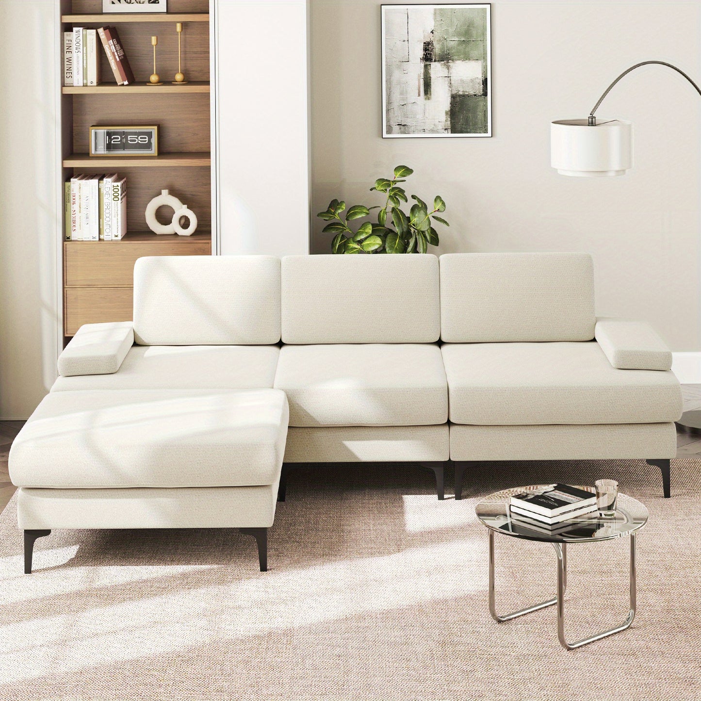 3-zits L-vormige hoekbank – hoekbank – slaapbank – zitbank – loungesofa – Beige – Verstelbaar Met Opberghocker – Hardhouten Frame Met Makkelijk Schoon Te Maken Stof