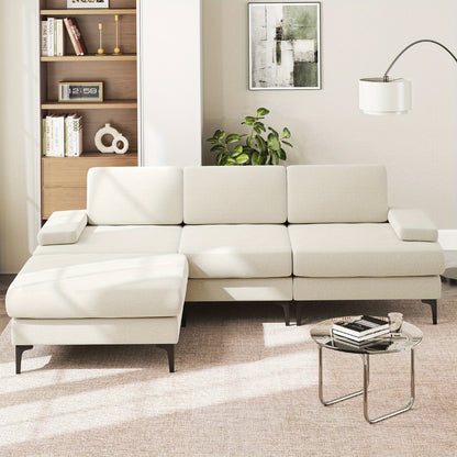 3-zits L-vormige hoekbank – hoekbank – slaapbank – zitbank – loungesofa – Beige – Verstelbaar Met Opberghocker – Hardhouten Frame Met Makkelijk Schoon Te Maken Stof