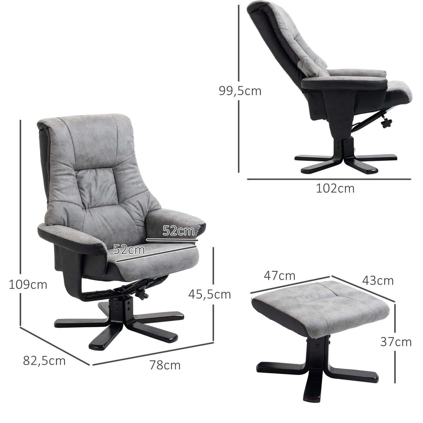 HOMCOM Reclining Lounge Chair with Footrest, 360° Swivel, Microfiber Upholstery, Solid Wood Legs, Thick Padded Seat, Gray, 135 cm