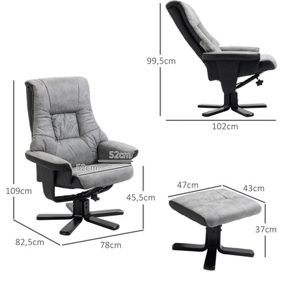 HOMCOM Reclining Lounge Chair with Footrest, 360° Swivel, Microfiber Upholstery, Solid Wood Legs, Thick Padded Seat, Gray, 135 cm