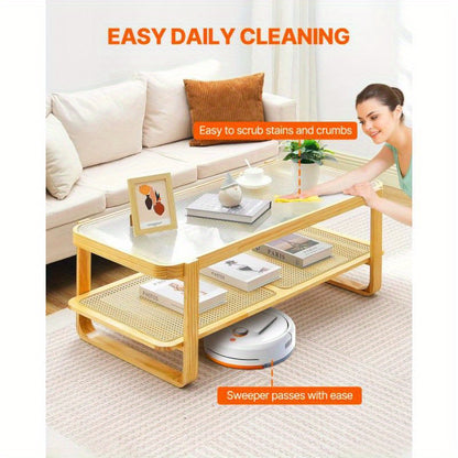 Rattan Salontafel – Rotan Tafel – Lounge Tafel – Woonkamer Tafel – Houten Salontafel – Rechthoekig Twee Niveaus – Natuurlijk Materiaal – Modern Design