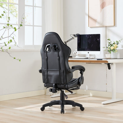 360° Swivel Ergonomic Racing-Style Gaming Chair | Leather High-Back Office Chair with Height-Adjustable Work Chair, Footrest, Headrest, Lumbar Support, Suitable for Office and Gaming Use, Black