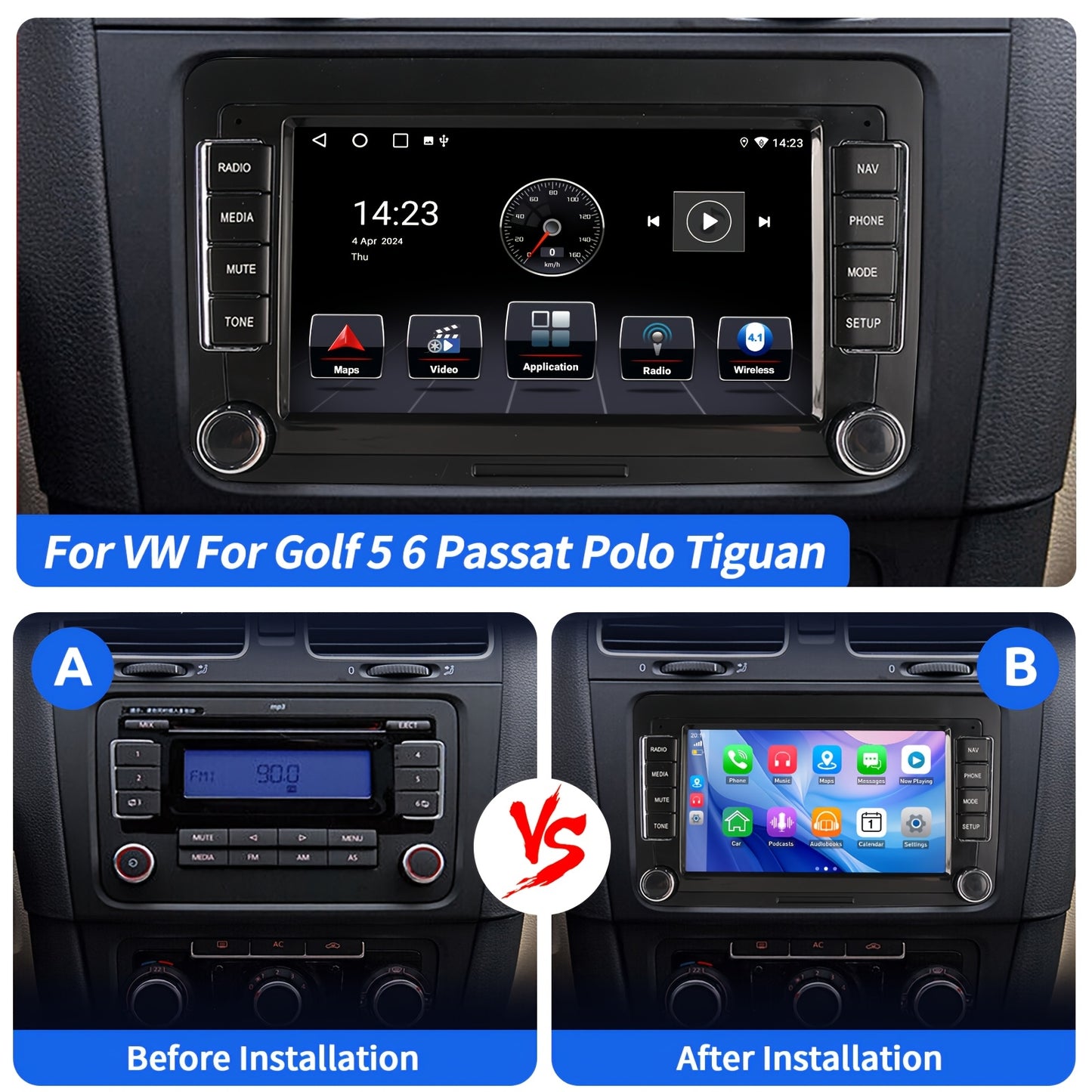 Android 15 Autostereo – Multimedia Systeem – Autoradio – Navigatie – Touchscreen Radio – 7 Inch HD IPS Scherm – 4GB RAM + 64GB Opslag – Draadloze Android Auto en CarPlay – Stuurwielbediening Compatible VW/Seat/Skoda