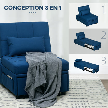 Fauteuil Bedbank – 1-Zitsbank – Slaapfauteuil – Loungezetel – Slaapstoel – Verstelbare Rugleuning – Geïntegreerd Kussen – Blauw