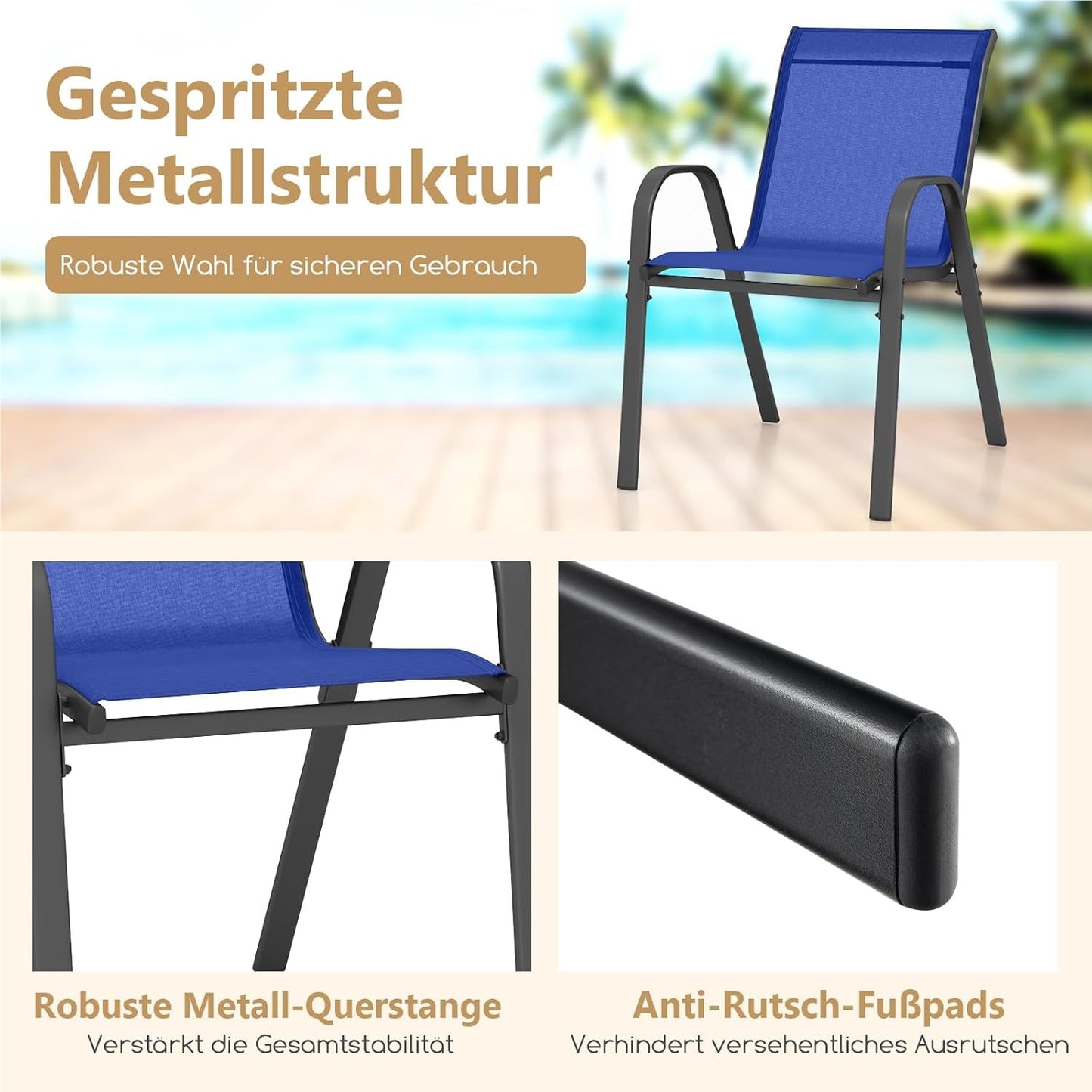 Tuinstoelen – Tuinstoel Set – Balkonstoelen – Terrasstoelen – Stapelbare Stoelen – Blauw – Weerbestendig Textiel – Metalen Frame – Belastbaar Tot 150 kg – 56x70x84 cm