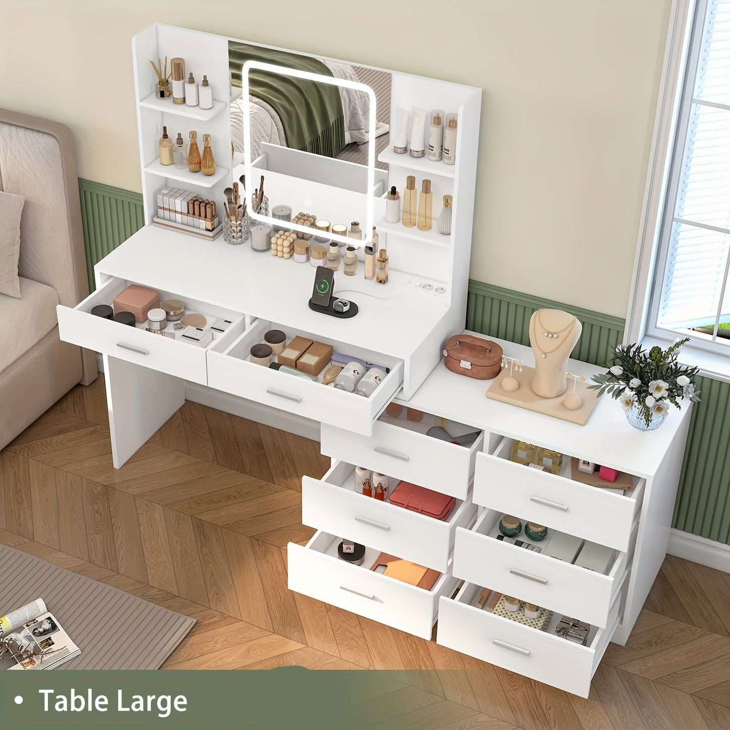 Toilettafel – Kaptafel – Make-up Tafel – Opmaaktafel – Hoekmake-uptafel – Verlichte Spiegel – Ingebouwd Stopcontact – 8 Laden – Ruim Werkblad – Wit – Eenvoudige Montage