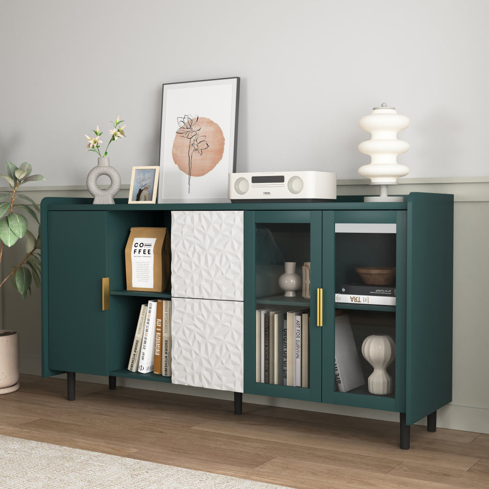 Koffiekast – Keukentrolley – Opbergkast – Koffiemeubel – Koffiebarmeubel – Mobiel met Wieltjes – Hout-Metaal – 140 cm Hoog – 2 Laden + Glazen Deuren – Groen