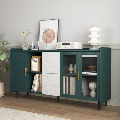 Koffiekast – Keukentrolley – Opbergkast – Koffiemeubel – Koffiebarmeubel – Mobiel met Wieltjes – Hout-Metaal – 140 cm Hoog – 2 Laden + Glazen Deuren – Groen