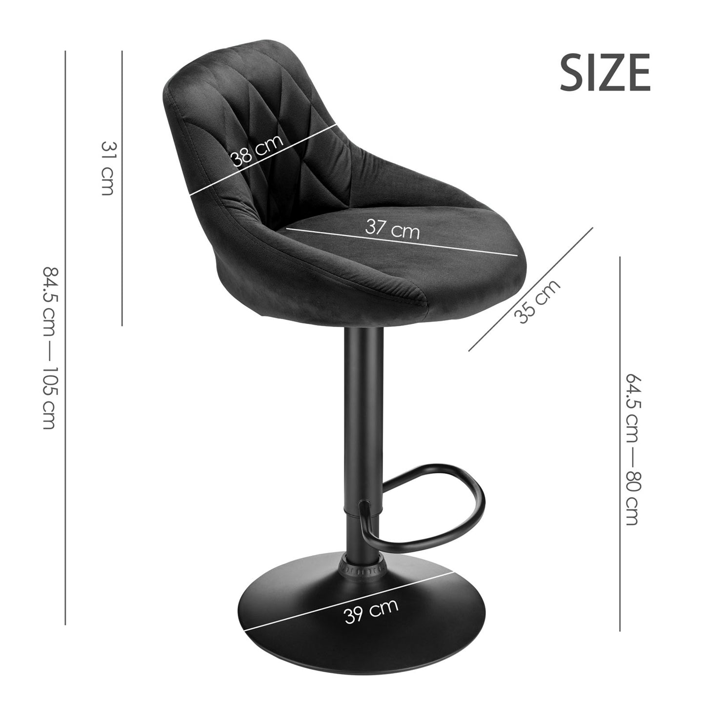 Velvet Bar Stools, Kitchen Bar Stools, Set of 6, Adjustable Height, 360-Degree Swivel, with Metal Footrest, Non-Slip Base