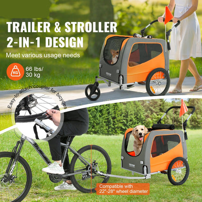 fietskar hond – hondenfietskar – hondenaanhanger – hondenbuggy – hondenkar – Opvouwbaar Frame – Draagvermogen 30 kg – Universele Koppeling – Reflectoren – Oranje/Grijs