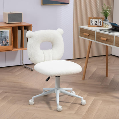 Bureaustoel – Bureaustoel Zonder Armleuningen – Draaistoel – Werkstoel – Computestoel – Wit Polyester Met Teddy Design – 360° Draaibaar – Hoogte Verstelbaar