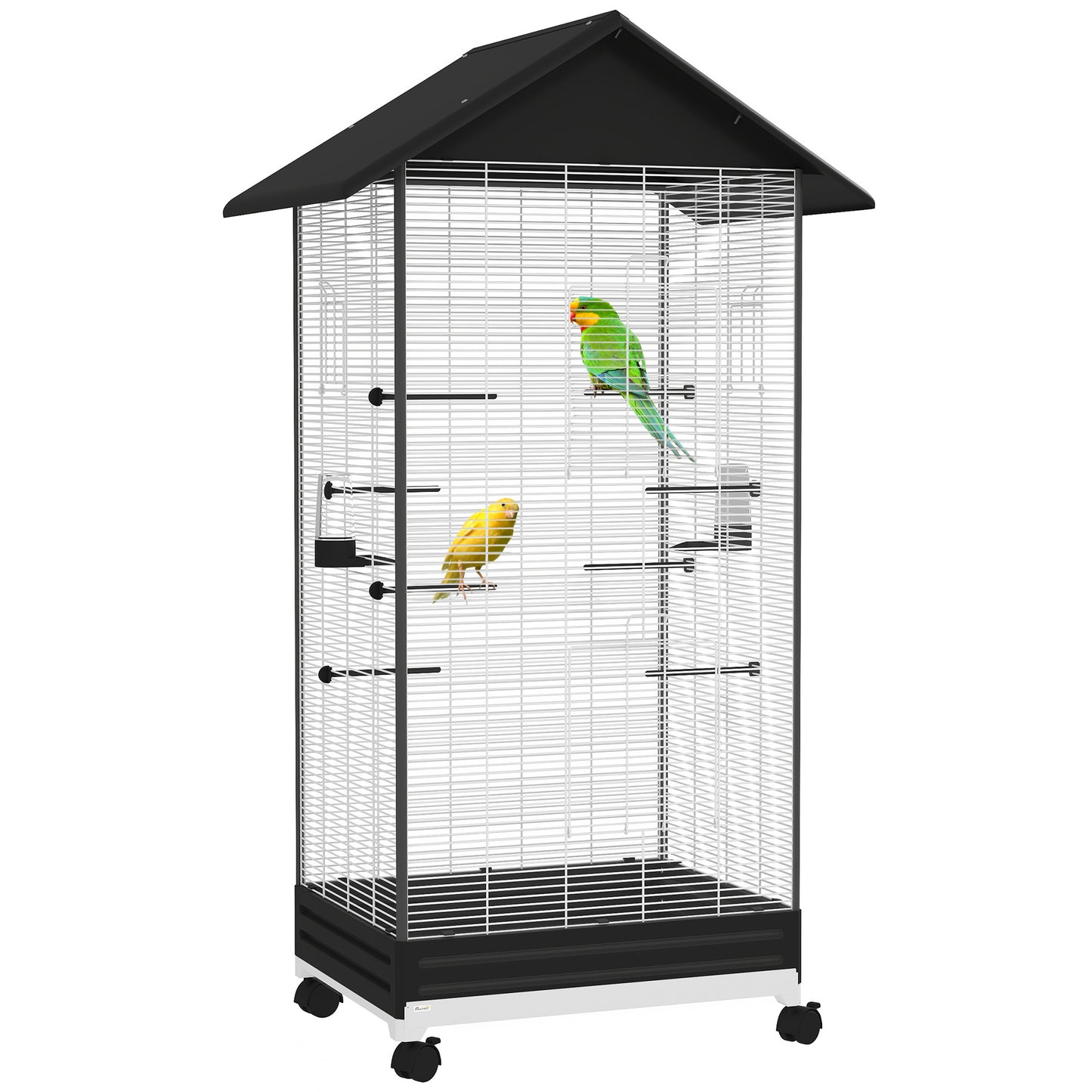Vogelkooi – Vogelkooi Op Standaard – Vogelkooi Op Wielen – Vogelkooi Binnen – Vogelkooi Met Lade – Ruime Binnenkooiverdeling – Inclusief 2 Voeders En 8 Zithokken – Stalen Draad Zwart – 79x65x155 cm