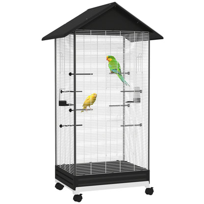 Vogelkooi – Vogelkooi Op Standaard – Vogelkooi Op Wielen – Vogelkooi Binnen – Vogelkooi Met Lade – Ruime Binnenkooiverdeling – Inclusief 2 Voeders En 8 Zithokken – Stalen Draad Zwart – 79x65x155 cm