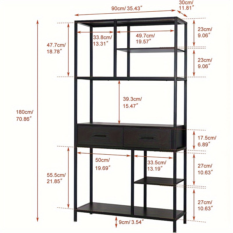 Boekenplank – Boekenrek – Wandplank – Boekenkast – Wandrek – Industrieel Metalen Frame – 5 Laags Met Laden – Staand – Zwart