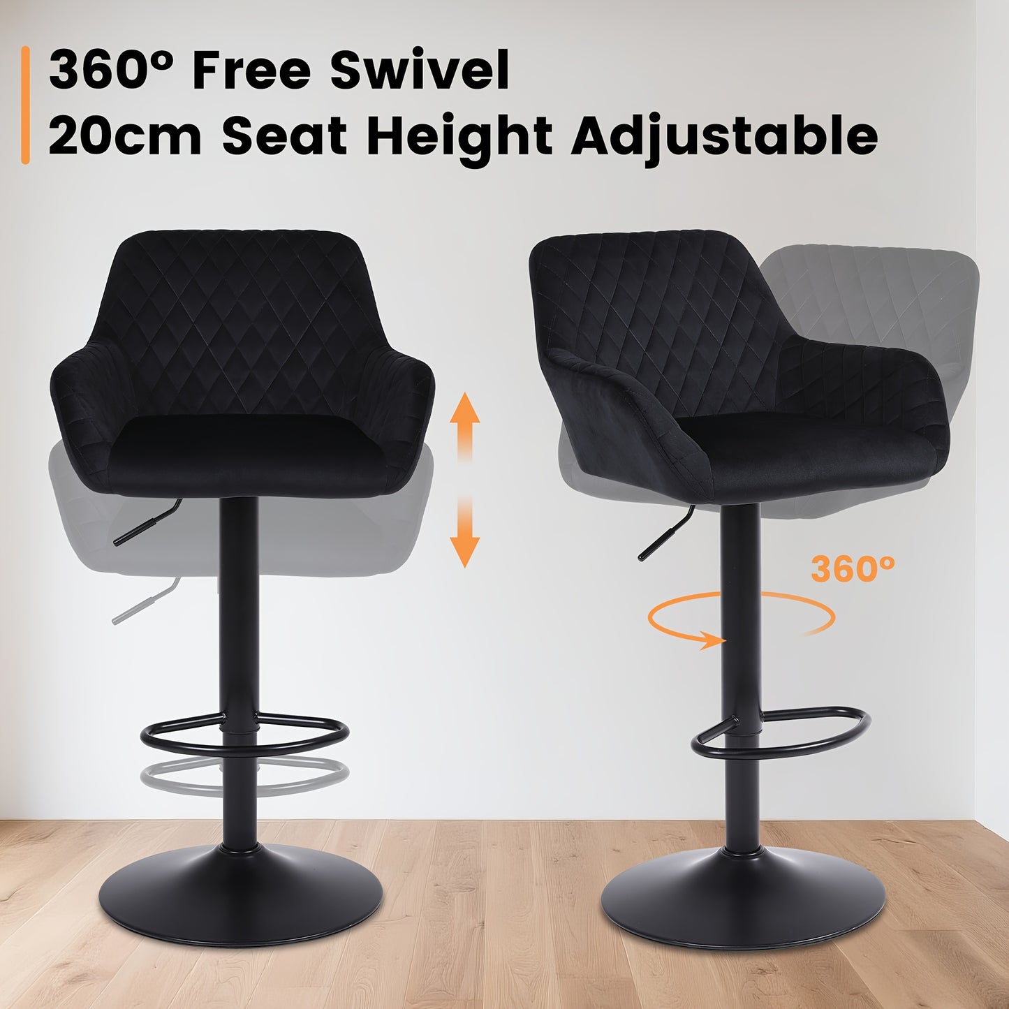 Bar Stools Set Of 2/4, Height Adjustable Swivel Bar Stools, Made Of Imitation Velvet Fabric, Dining Stools with Backrest And Armrests, Suitable for Bars, Kitchens And Gardens, Black Gray Brown, Kitchen Bar Stools, Bar Stools
