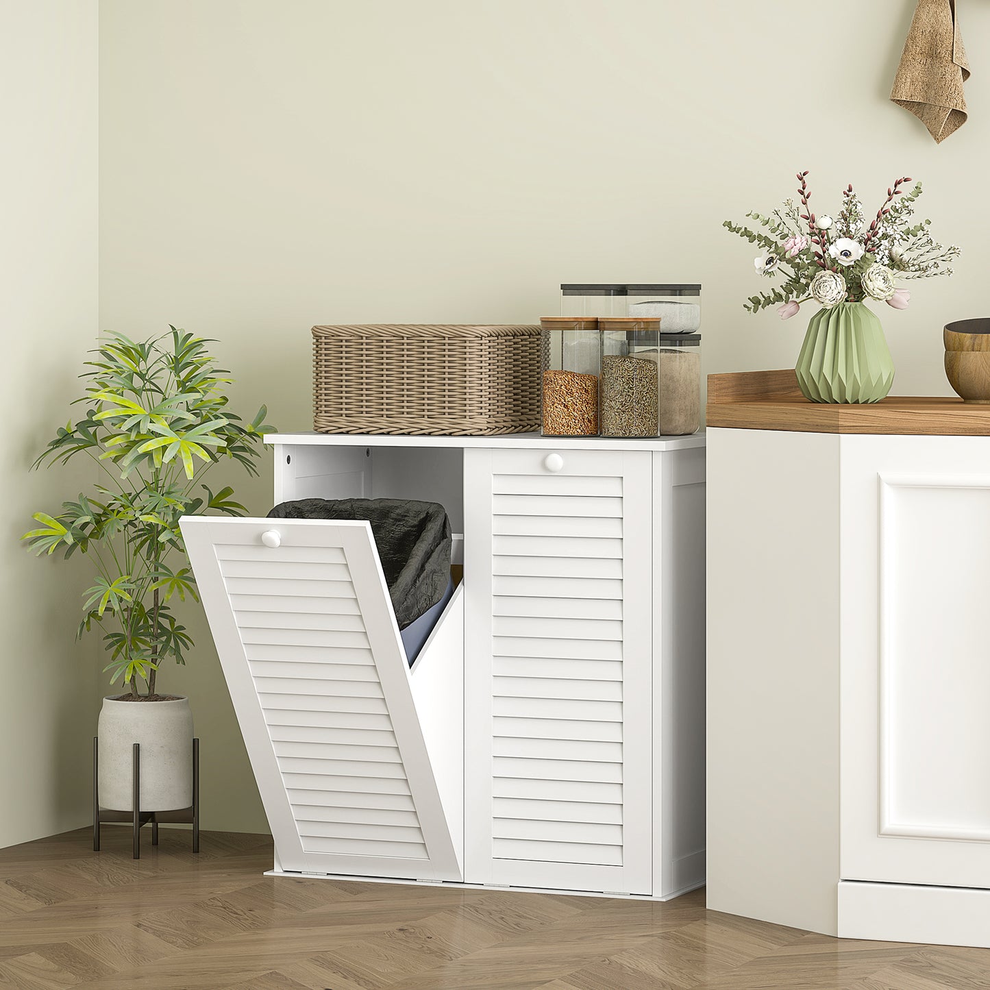 Wasmand – Wasbox – Wassorteerder – Waszak – Kledingkast – Wit – 2 Kantelbare Wasmanden – Ventilerende Lamellendeuren – Compact 70x38x73 cm