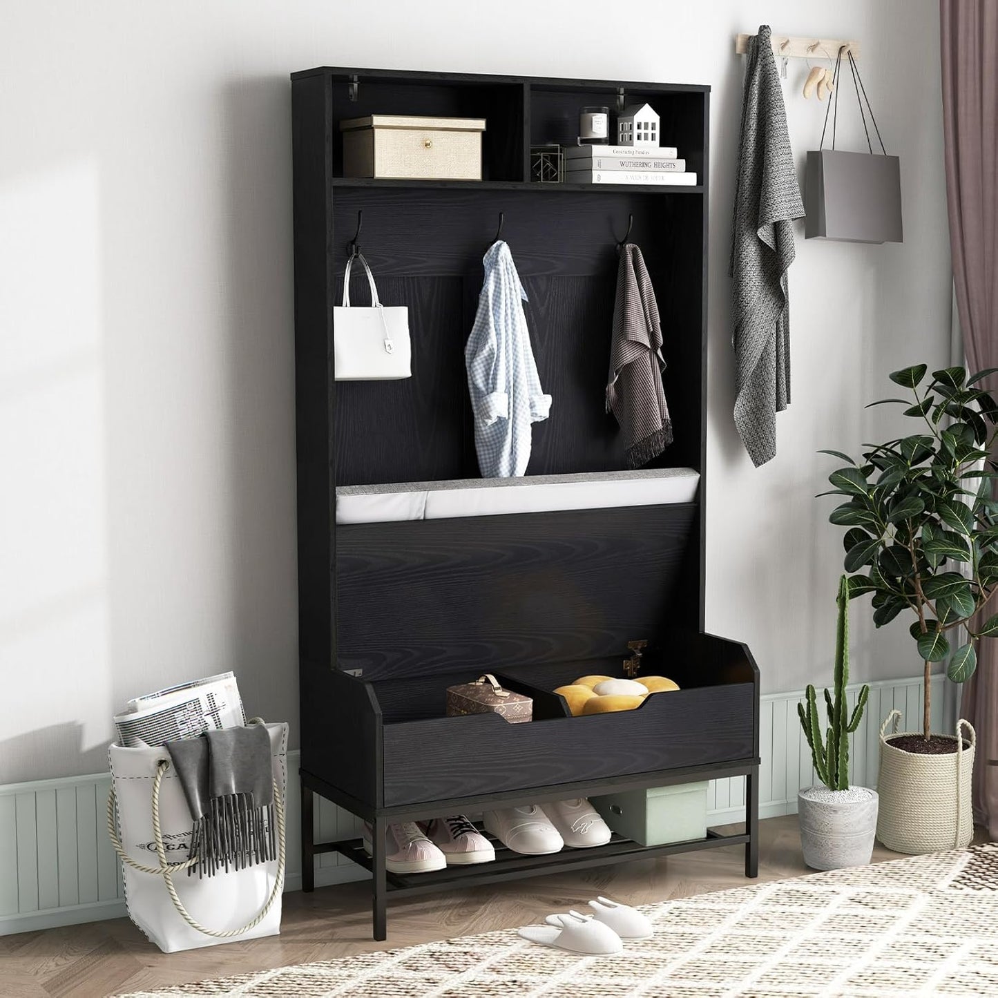 Kapstok – Staande Kapstok – Garderoberek – Schoenenbank – Wandkapstok – 4-in-1 Multifunctioneel – Zitkussen Met Opbergruimte – 170 cm Hoog