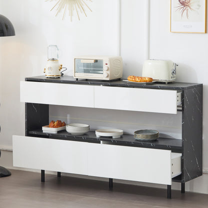 Dressoir – Buffetkast – Sideboard – Opbergkast – Commode – Wit Zwart – Marmerlook Blad – Stabiel Metalen Frame – 150x35x89,5 cm – 4 Laden + Open Plank