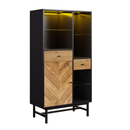 Vitrinekast – Displaykast – Opbergkast – Servieskast – Dressoir – Hout Zwart + Houtkleur – Ruime Opbergruimte – Modern Triangulair Design
