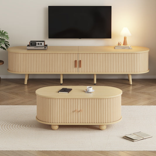 Tv-meubel en Salontafel Set – Woonkamermeubel – Lowboard – Opbergmeubel – Houten Tafel – Licht Walnoot – Ovaal Design – MDF Met Verstelbare Pootjes