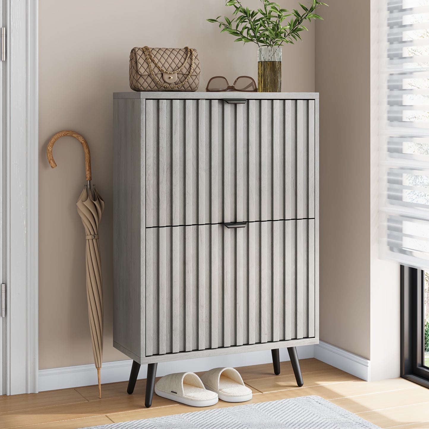 Schoenenkast – Schoenenrek – Schoenenopberger – Schoenenmeubel – Schoenenbank – Modern Design – 60 cm Breed – Grijs – Met 2 Dubbele Lades – Ruimtebesparend – Vrijstaand